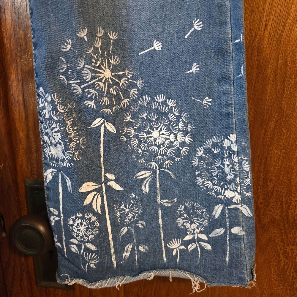 HANDCRAFTED Upcycled Denim Jeans HANDPAINTED Bell Bottoms Floral Design Size 14 - Picture 2 of 12